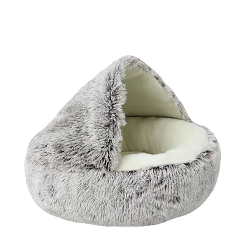 Cat Bed Round Plush Fluffy Hooded Cat Bed Cave