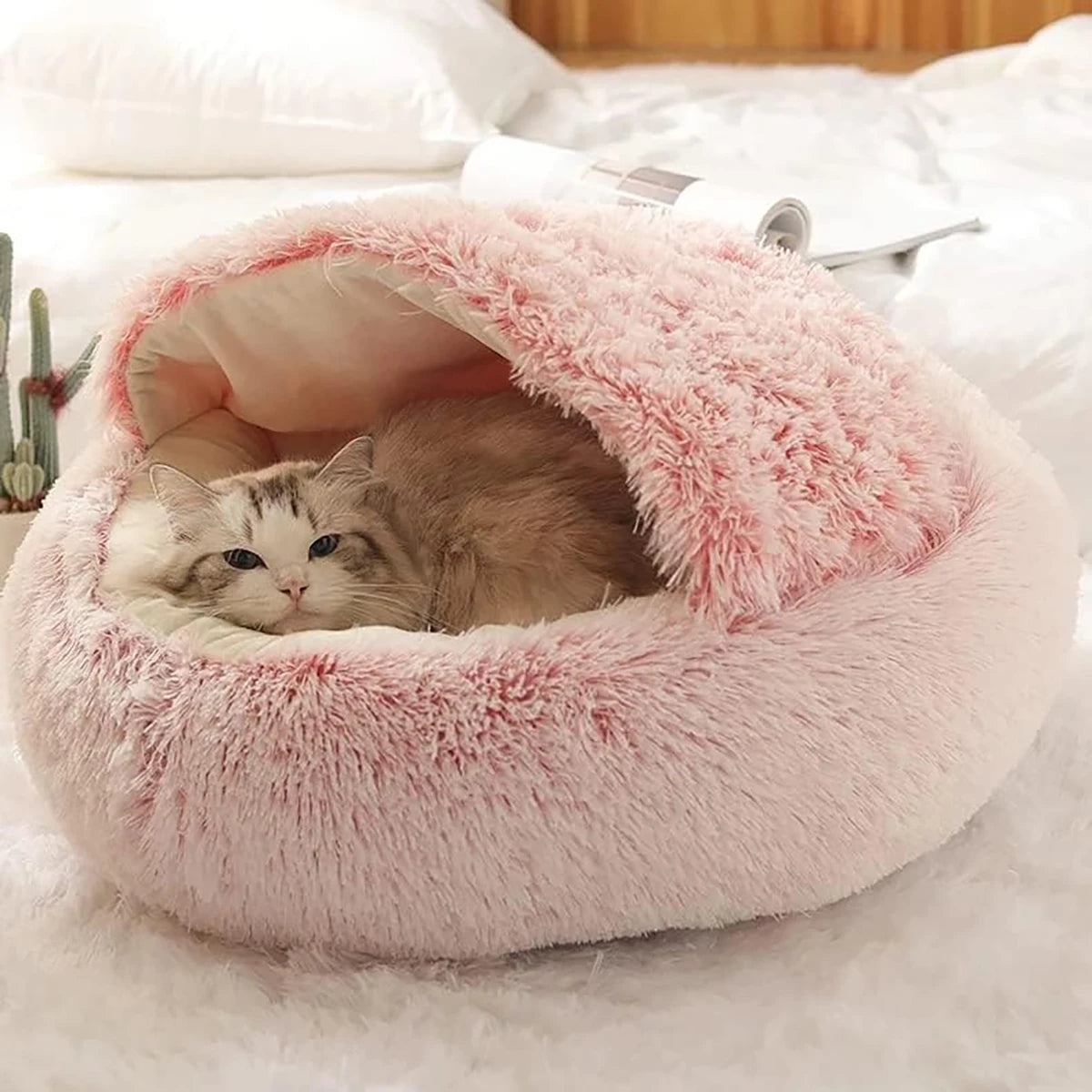 Cat Bed Round Plush Fluffy Hooded Cat Bed Cave