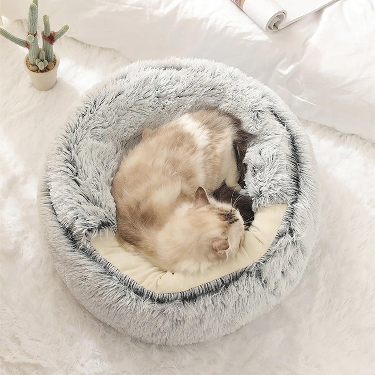 Cat Bed Round Plush Fluffy Hooded Cat Bed Cave