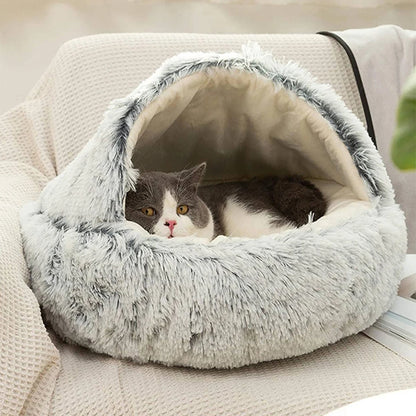 Cat Bed Round Plush Fluffy Hooded Cat Bed Cave